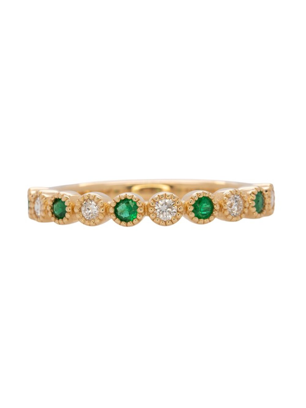 2mm Zambian Emerald and Earth-Mined Diamond Milgrain Band Ring in Solid 14K Gold